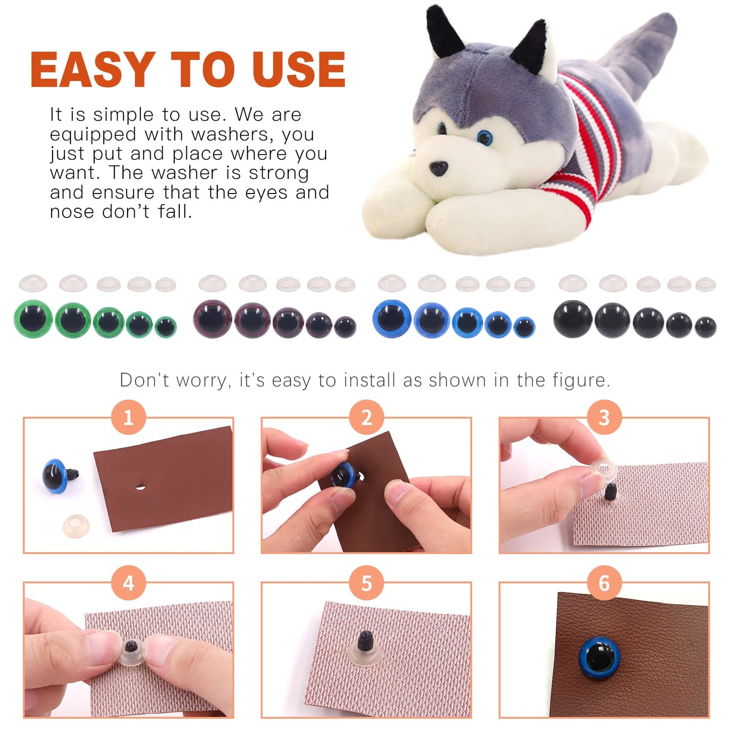 Tanstic 224Pcs Plastic Safety Eyes with Washers 4 Color Craft Doll Eyes for Doll Animal Crafts, Stuffed Crochet Animals (10mm, 12mm, 14mm, 16mm, 18mm)