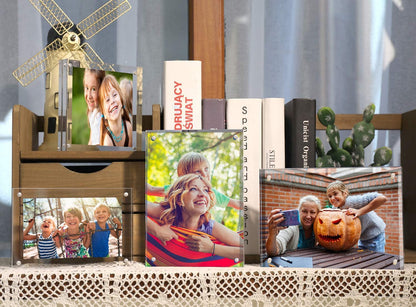 ILYXY 2 Pack Acrylic Frame 6x6, 20% Thicker, 24mm Thick Frameless Clear Square Picture Frame, Double Sided Magnetic Photo Frame, Free Standing Desktop Display Stand Acrylic Picture Frames