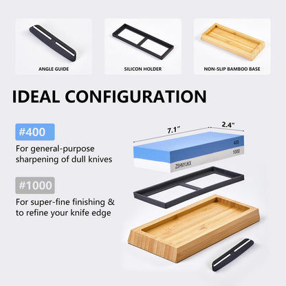 Knife Sharpening Stone 400/1000 Grit, Whetstone 2-in-1 Professional Sharpening Stones for Knives, Sharpener Stone with Non-Slip Bamboo Base, Kitchen Knife Sharpener for Straight & Serrated Edges