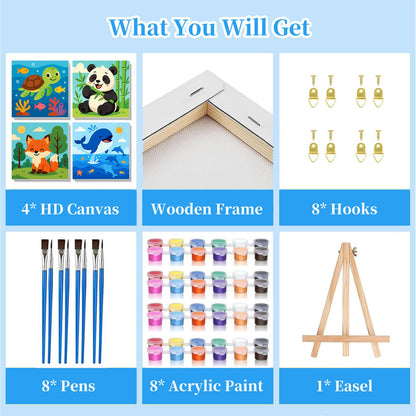 Arttoplus 4 Pack Paint by Numbers Kit for Kids with Frame,Cute Animals Kids Paint by Numbers Ages 4-6-8 with Wooden Easel,Easy DIY Acrylic Oil Painting by Number for Gift Home Wall Decor(8x8 inch)