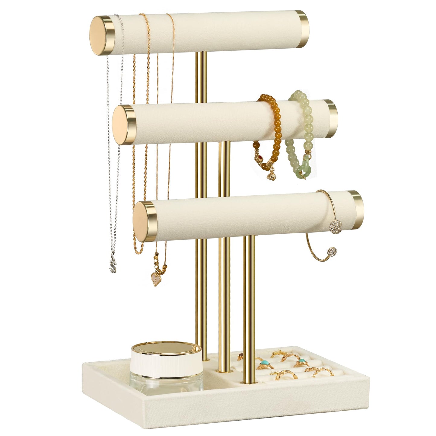 3 Tier Bracelet Holder Display - Detachable T Bar Beige Velvet Bracelet Holder, Jewelry Holder Organizer for Bracelet, Necklace, Watches, Rings