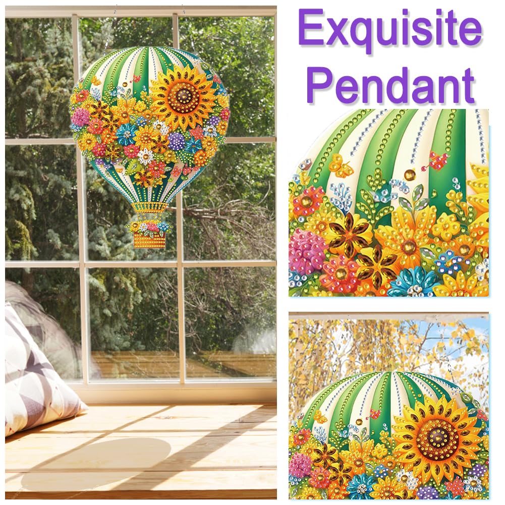 5D Diamond Painting Kits Hanging Pendant Flower Hot Air Balloon, DIY Crystal Art Hanging Sign Special Shaped Gem Art Ornament Kit for Home Décor and Gift, Double Sided, Box Package (Yellow-02)