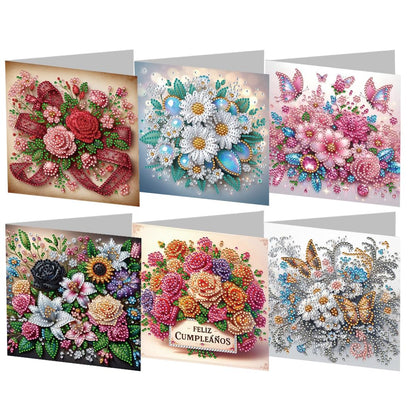 6 Pack DIY Diamond Painting Greeting Card Kit Flowers, 5D Diamond Art Christmas Birthday Holiday Foldable Thank You Cards Blessing, Art Crafts Kit Creative with Envelope
