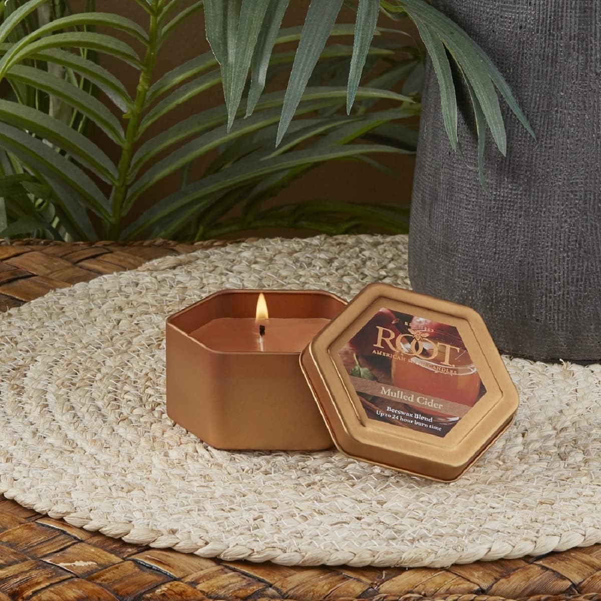 Root Candles Fall Scented Travel Tin Candle - 24-Hour Honeycomb Beeswax Blend in Mulled Cider, 4-Ounce
