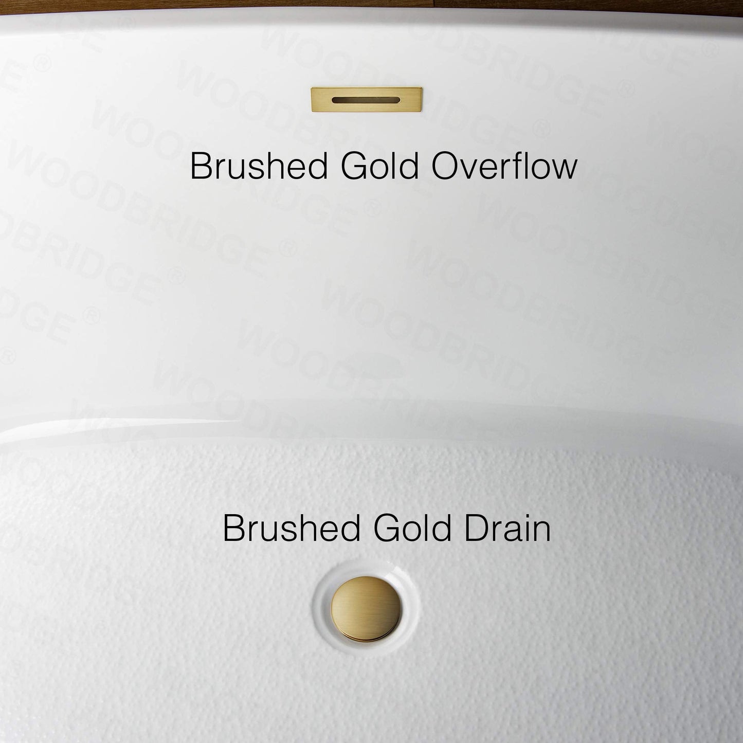 WOODBRIDGE 59" Acrylic Freestanding Bathtub Contemporary Soaking White Tub with Brushed Gold Overflow and Drain，B0014-BG