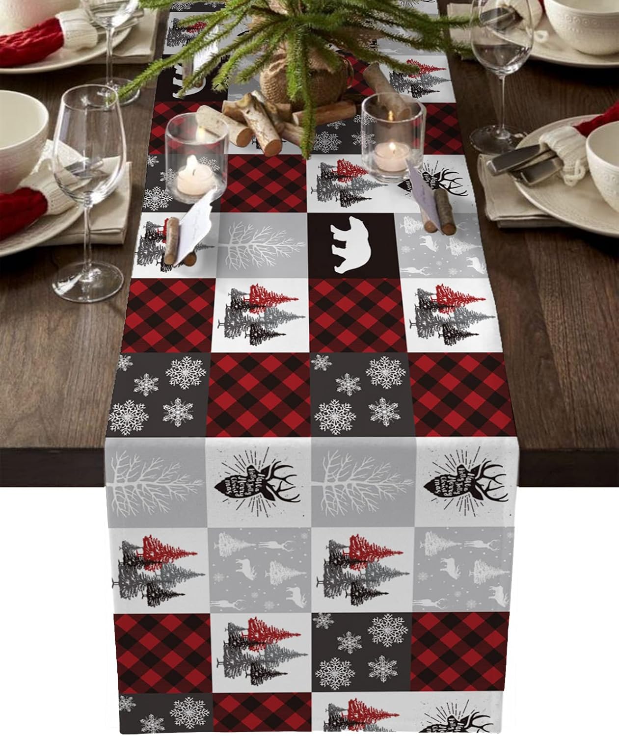 Christmas Table Runner 72 Inch, Buffalo Plaid Checkered Snowflake Elk Xmas Tree Bear for Holiday Kitchen