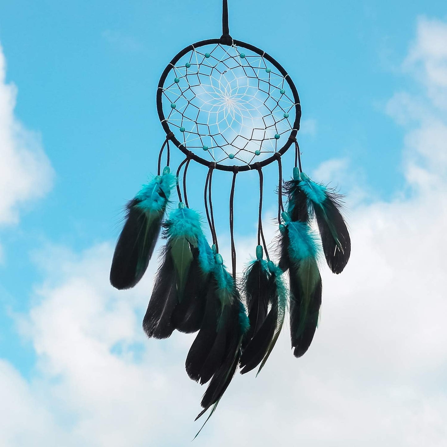 Dream Catcher with Bicolor Mesh, Handmade Dark Tone Dreamcatcher with Black and Turquoise Feather Wall Hanging