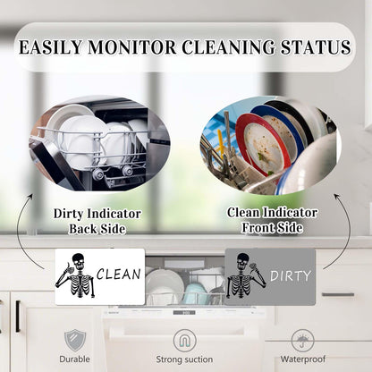 Chendalize Dishwasher Magnet Clean Dirty Sign, Strong Magnet Clean Dirty Magnet for Dishwasher, Double Side Reversible dirty clean dishwasher magnet, Funny Skeleton Dishwasher Magnet, Easy to Read