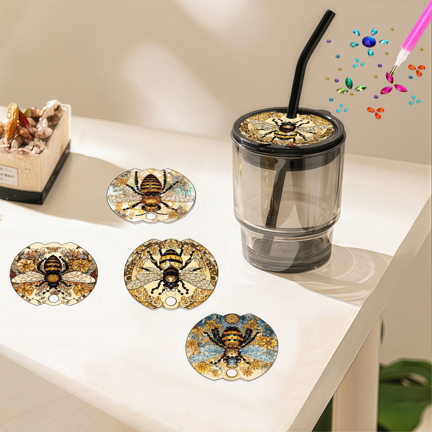 DDGYP 4Pcs Diamond Painting Cup Lid Accessories, 5D Diamond Art Tumbler Lid Topper, Acrylic DIY Craft Supplies, Diamond Art Kits for Adults, for 40oz Tumbler with Handle, Home & Daily Decoration