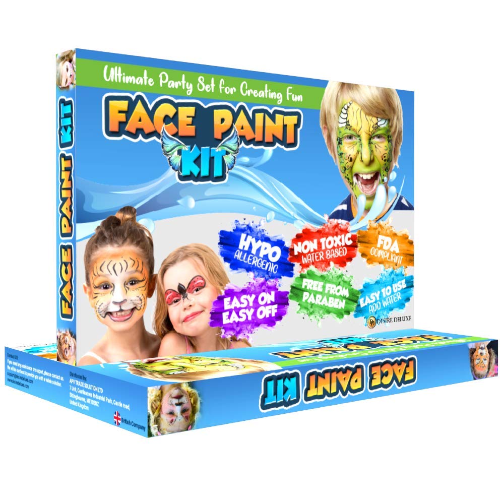 Desire Deluxe Face Painting Kit for Kids - 16 Colors of Non-Toxic, Easy to Use and Hypoallergenic Makeup Face Paint - Professional Halloween Makeup Kit, Birthday Activities for Kids Party