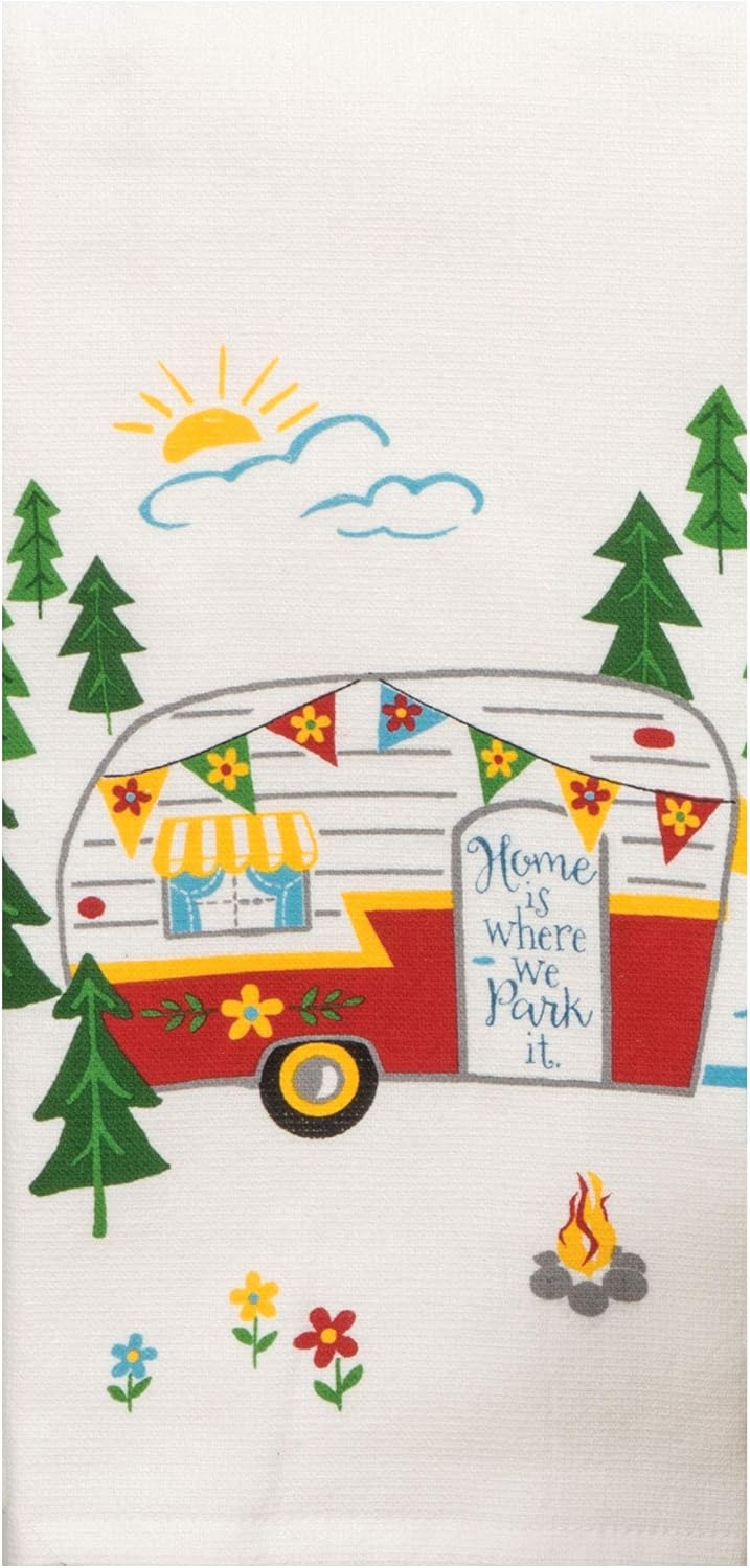 4 Piece Happy Camper Kitchen Towel Bundle - 1 Tea Towel, 1 Terry Towel, 2 Potholders