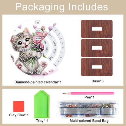AiYuanzsh 3D Diamond Art Tabletop Perpetual Calendar Kit, DIY Wooden Desktop Ornament with Cute Cat Design, Sparkling Diamond Painting Desk Decoration Gift for Home & Office