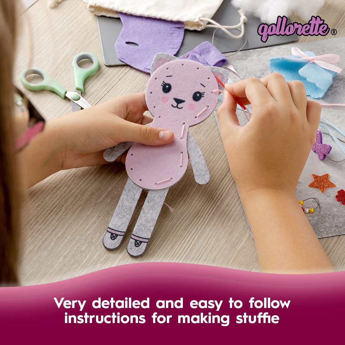 qollorette Felt Sewing Kit for Children, Make Your Own Kitty Toy, Kids' Craft Kit - Make A Friend Sew Kit - Beginner Sewing Kit for Kids, Learn to Sew & Play