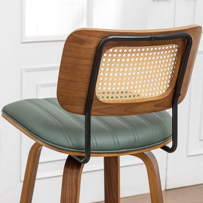 Set of 2 Swivel Bar Height Stools, 30.3 Inch Rattan Cane Back, Faux Leather Upholstered Seat, Solid Wood Frame with Walnut Finish, Metal Footrest, Mid Century Kitchen Island & Home Bar Stools, Green