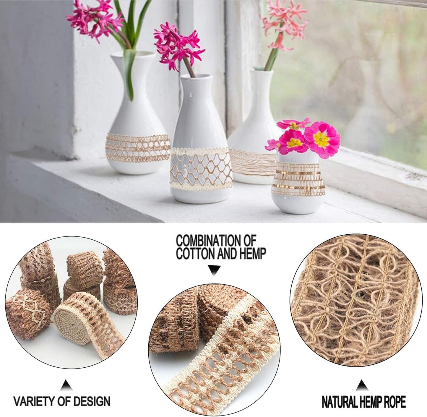 OZXCHIXU 8 Rolls Jute Ribbons Rustic Ribbons Lace Craft Ribbon Burlap 17.6 Yards for Crafts Wraping Gifts Party Holiday and Rustic Wedding Decorations