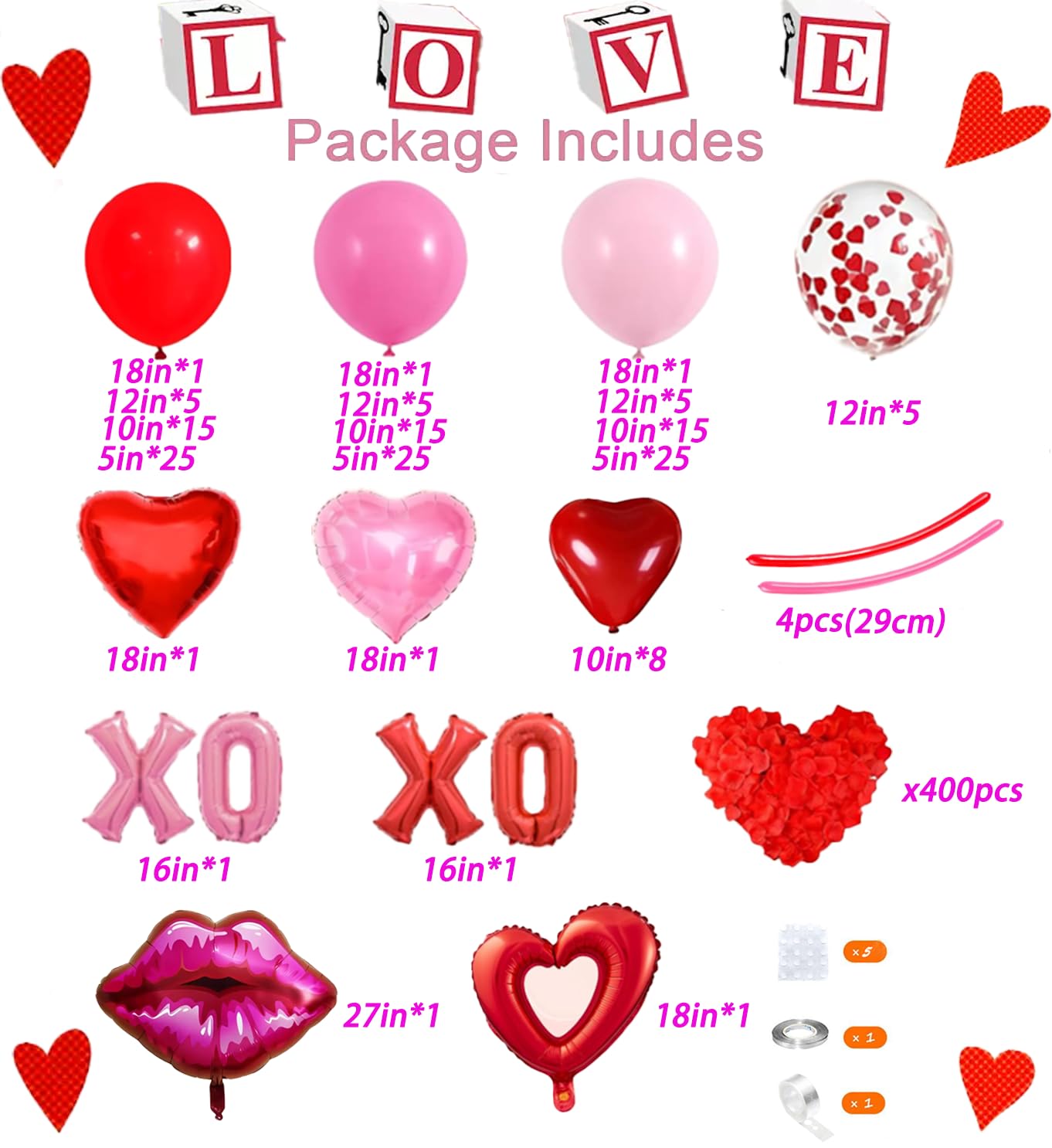 Pink and Red Balloon Garland Arch Kit, Coquette Birthday Decorations with 570pcs Red Pink Heart Confetti Balloons, Heart Lip XOXO Star Foil Balloons, Rose Petals for Wedding Romantic Decorations
