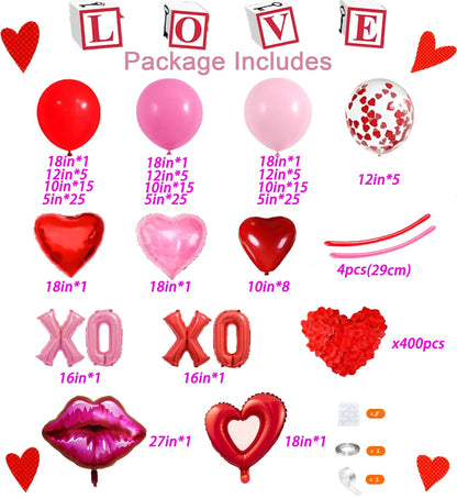 Pink and Red Balloon Garland Arch Kit, Coquette Birthday Decorations with 570pcs Red Pink Heart Confetti Balloons, Heart Lip XOXO Star Foil Balloons, Rose Petals for Wedding Romantic Decorations