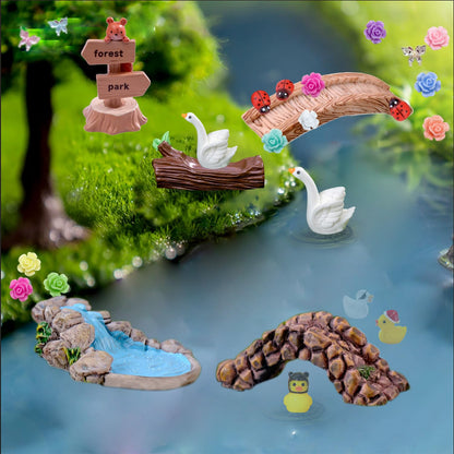 U-Zimikee 45 Pcs Resin Mini Garden Accessories - Miniature Landscape Decorations with Mini Bridge Pond Mountain House Figurines Swan Ladybug Butterfly Flower Figures Bulk for Dollhouse Garden Craft