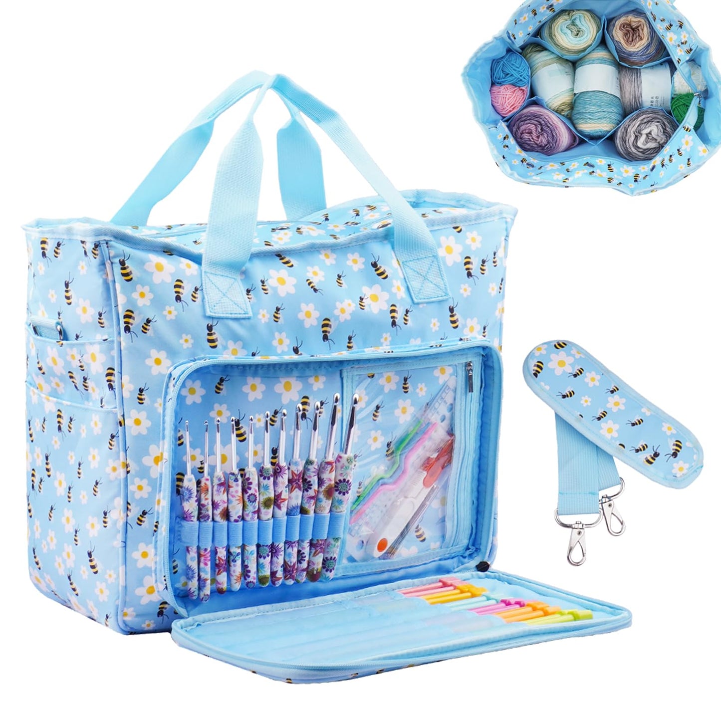 Mdoker Knitting Bags and Totes Organizers Large Crochet Bag Lightweight Yarn Bags for Travel Yarn Storage Organizers for Crochet Hooks,Yarn,Knitting & Crochet Supplies(Blue Bee)