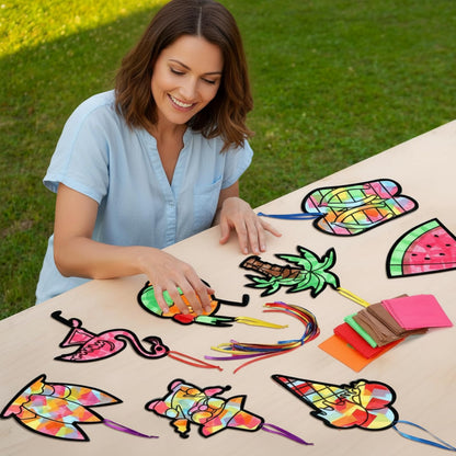 AmazingSpark 36 Pcs Summer Suncatchers Paper Craft Set, DIY Flamingo Hawaii Stained Glass Effect Tissue Paper Kits Bulk for Windows, Art Parties, Beach Decorations, Favors and Gifts