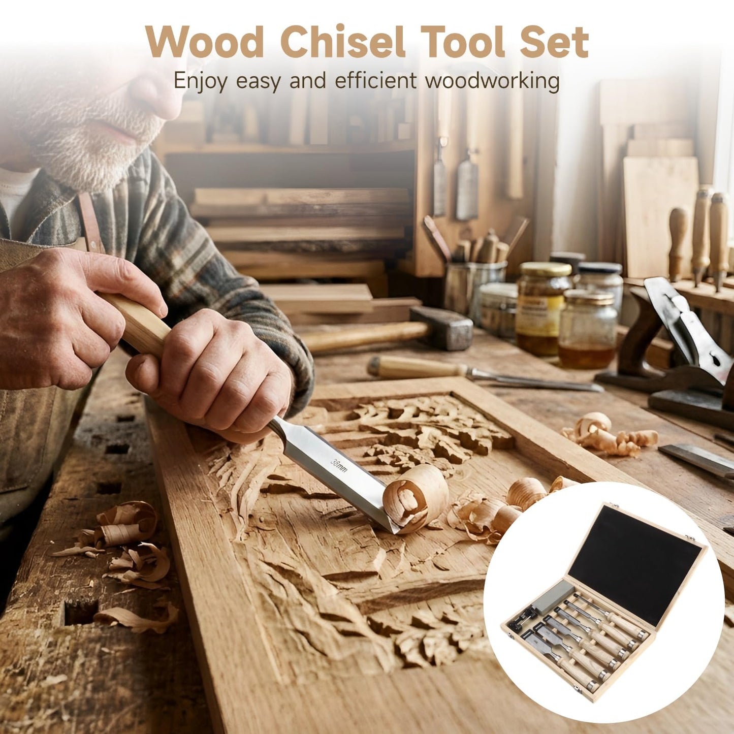 8 Pcs Wood Chisel Set for Woodworking, CR-V Steel Wood Carving Chisels Kit (1/4" to 1-1/2") with Sharpening Stone & Honing Guide, Professional Carpentry Hand Tools in Wooden Box