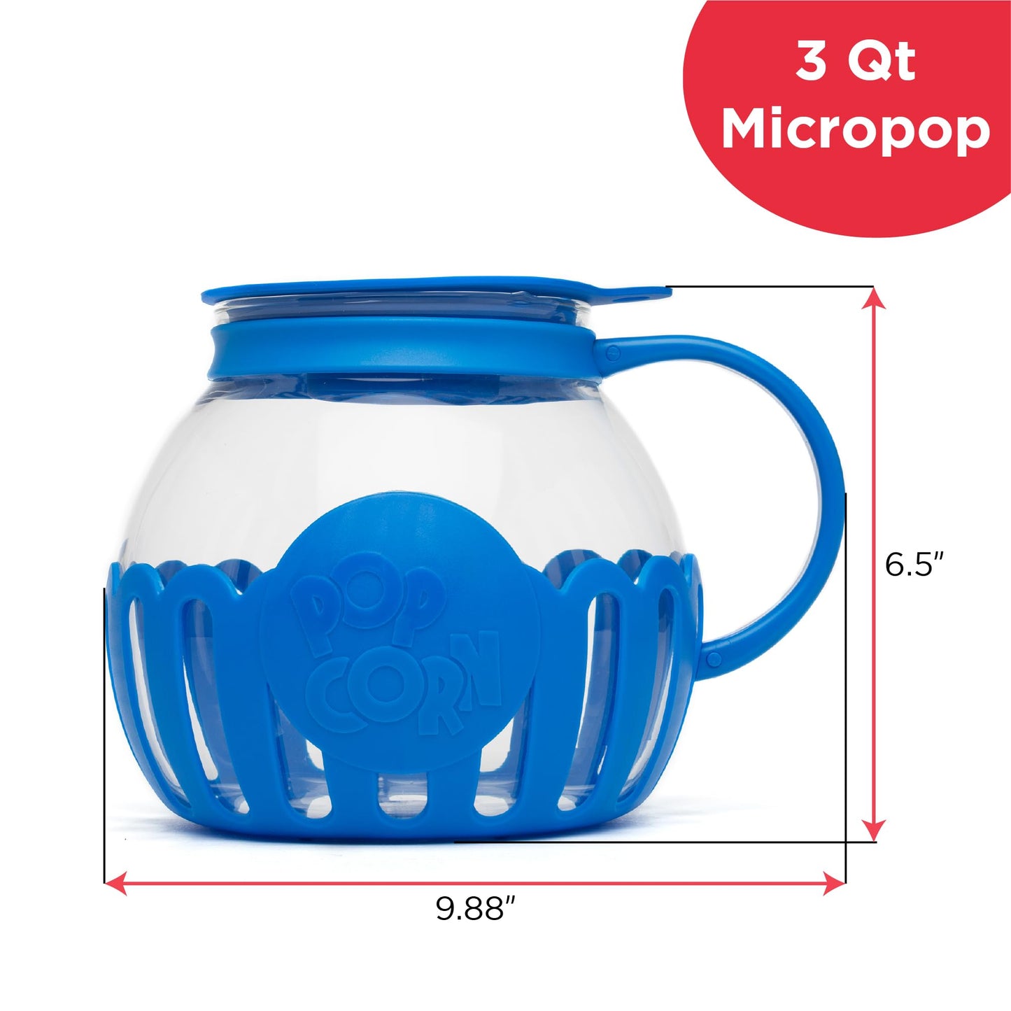 Ecolution Patented Micro-Pop Microwave Popcorn Popper with Temperature Safe Glass, 3-in-1 Lid Measures Kernels and Melts Butter, Made Without BPA, Dishwasher Safe, 3-Quart, Blue