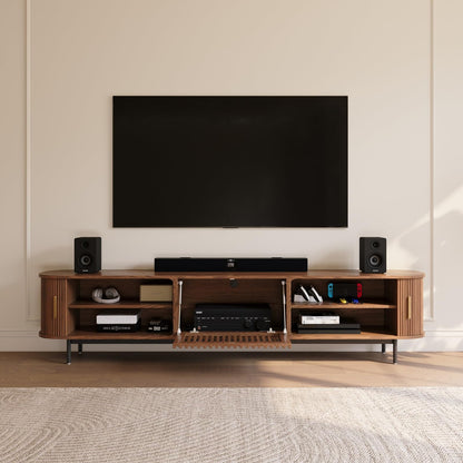 POVISON Fully-Assembled Mid Century Modern TV Stand for 75+ inch TV, Sliding Door Entertainment Center with Storage, Wood TV Console, Media Console for Living Room Bedroom(Walnut, 94.49")