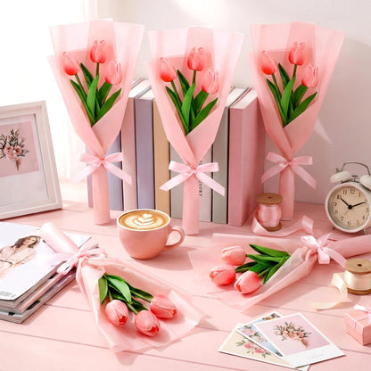 Zeyune Graduation Gifts Mini Faux Tulip Bouquet Kit, 10 DIY Artificial Tulip Flower Bouquets with Wrapping Paper and Ribbons, Class of 2026 Party Favors Gifts for Students Teachers Guests(Pink)