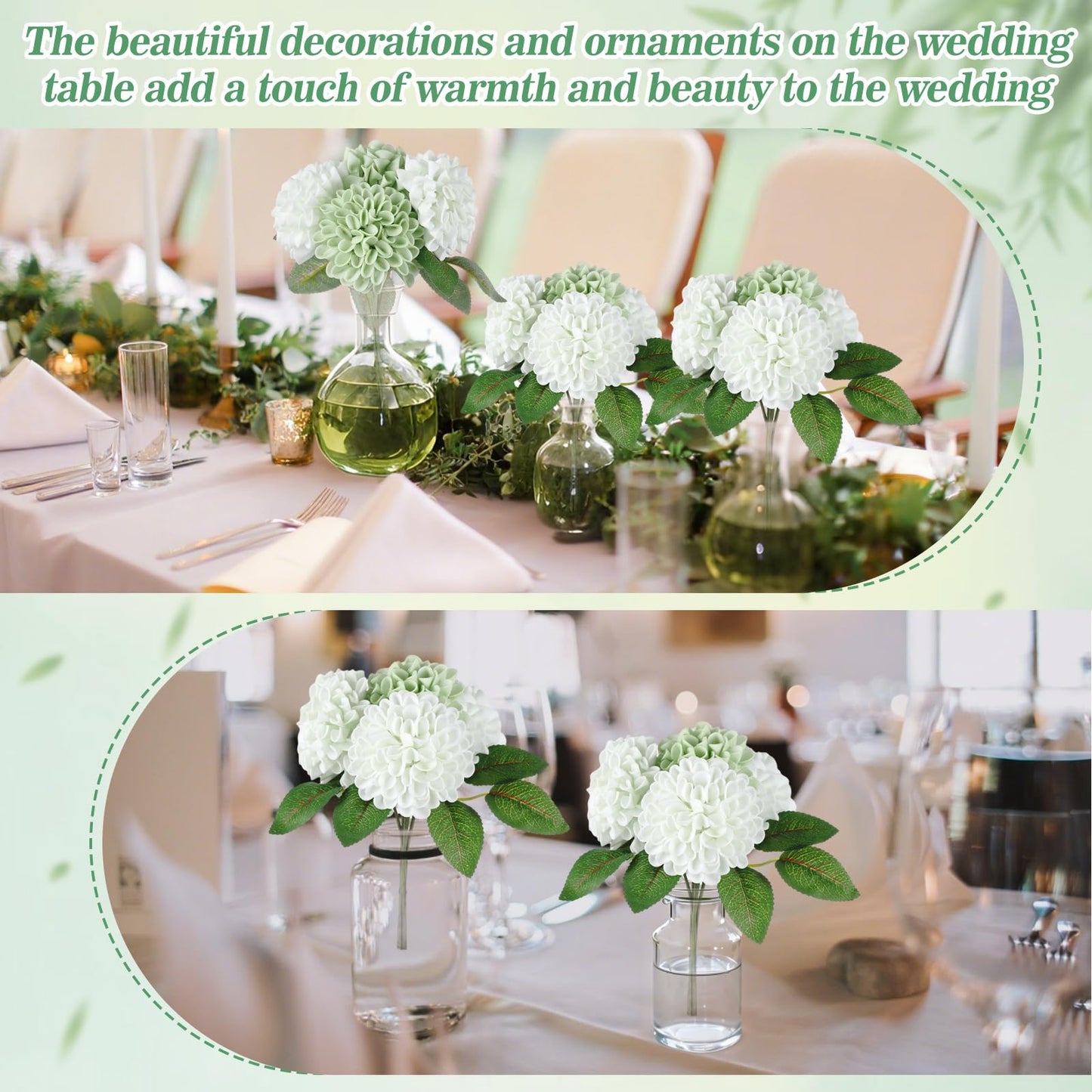 Giegxin 50 Pcs Sage Green Artificial Flowers with Stem for DIY Wedding Bouquets Centerpieces Arrangements, Green and White Dahlia Flowers for Bridal Shower Party Home Decorations, 3.15 Inches