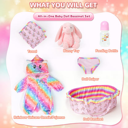 ARTST Reborn Baby Doll Accessories with Bassinet, Rainbow Unicorn Doll Clothes Outfit Set for 17-22 inch Newborn Babies,Birthday Gift for 3-12 Girls Boys(NO Doll)