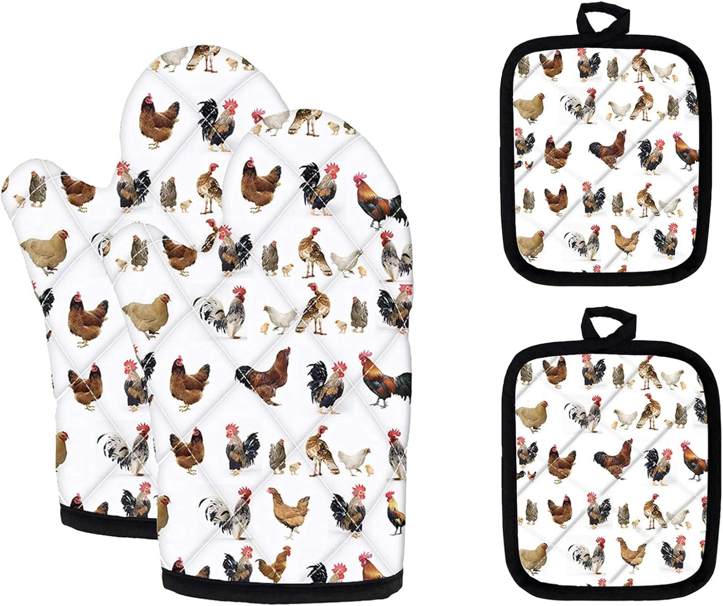 UNICEU White Chicken Pattern Fashion Heat Resistant Hot Oven Mitts & Pot Holders - Kitchen Gift Set with Non-Slip