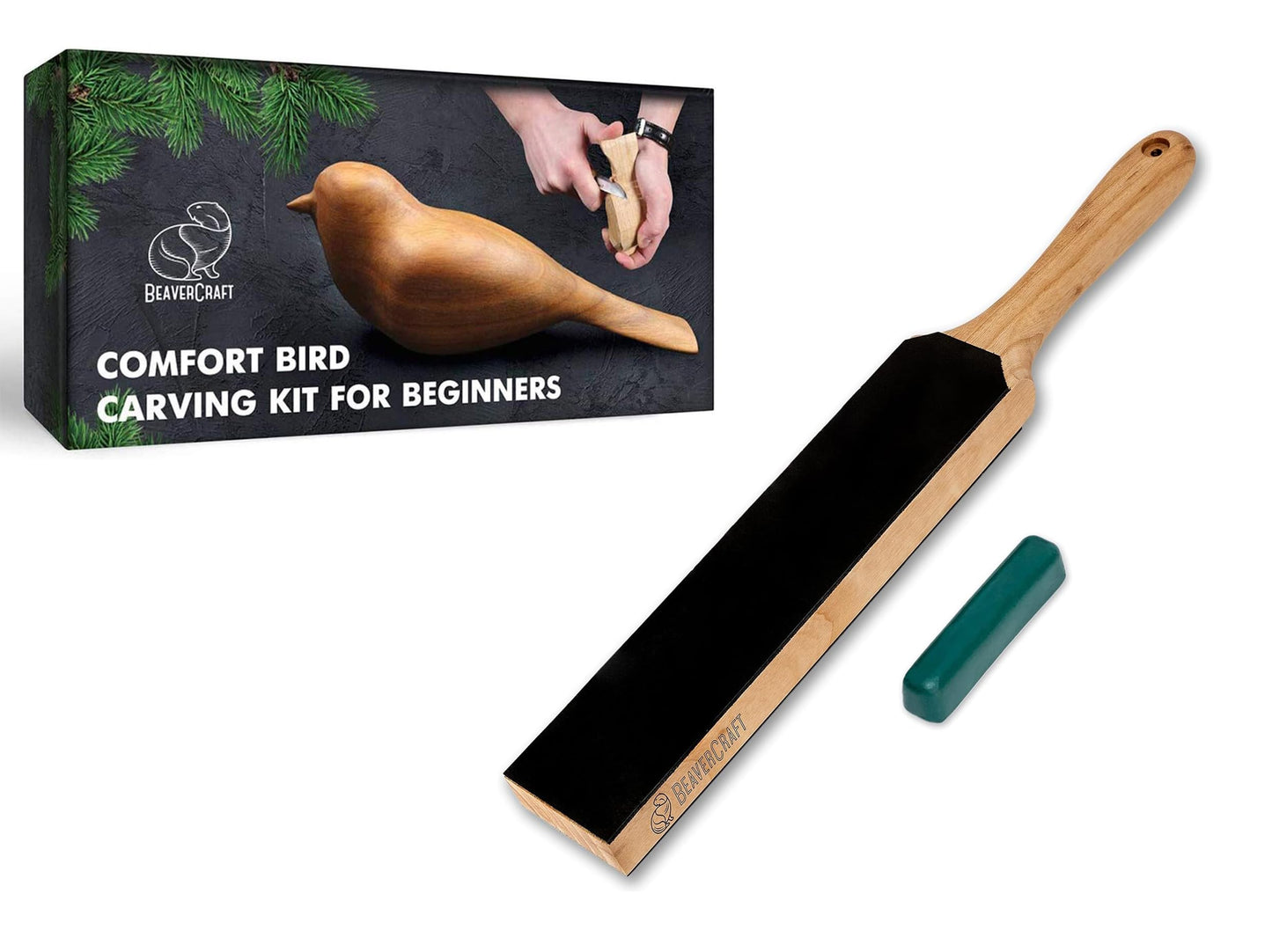 BeaverCraft DIY01 Wood Carving Kit LS6P1 Stropping Kit Leather Strop Kit with Sharpening Polishing Compound Knife Stropping Block