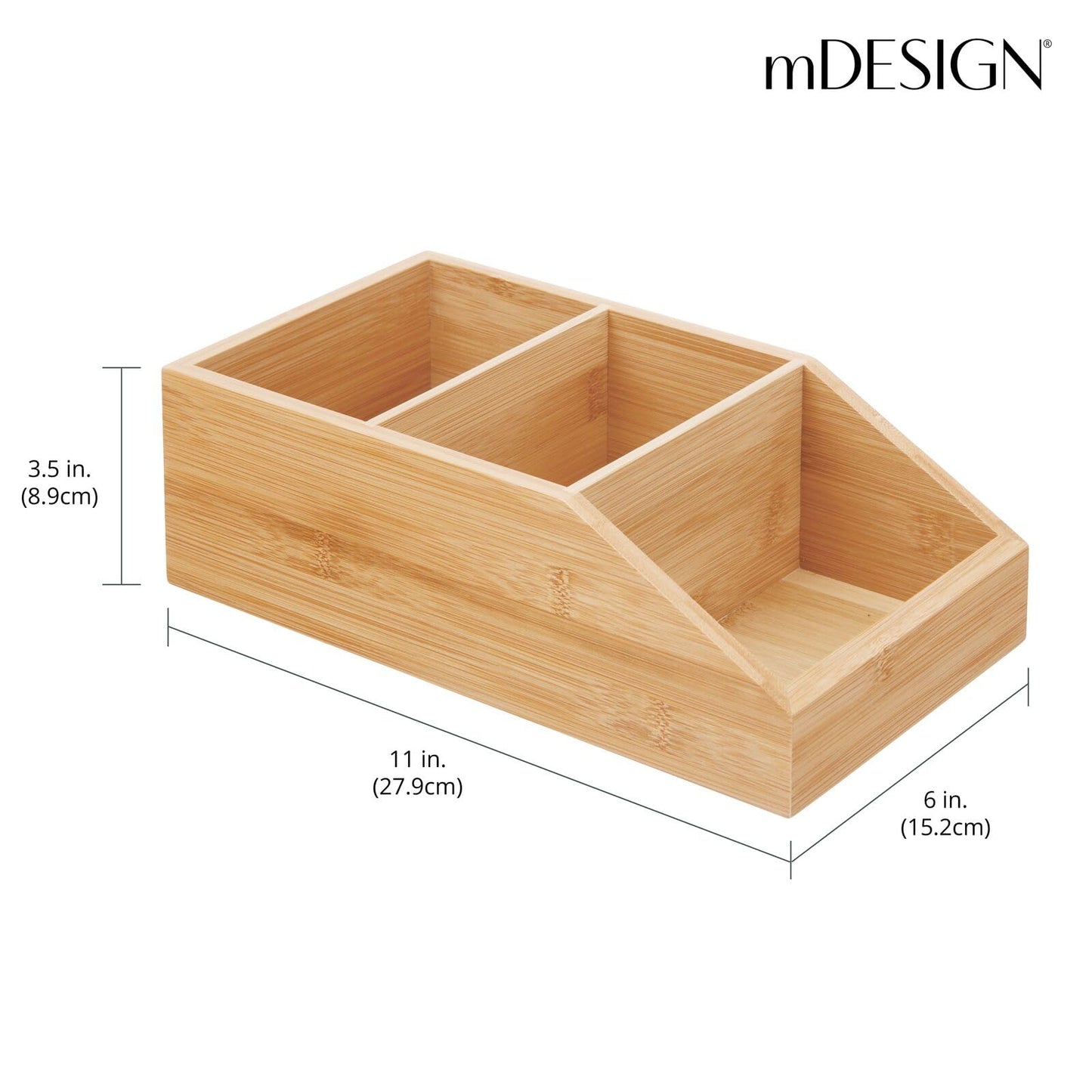 mDesign Bamboo Wood Compact Bathroom Storage Organizer Bin Box - 3 Divided Sections - Cabinets, Shelves, Countertops, Bedroom, Kitchen, Laundry Room, Closet, Garage - Natural/Tan