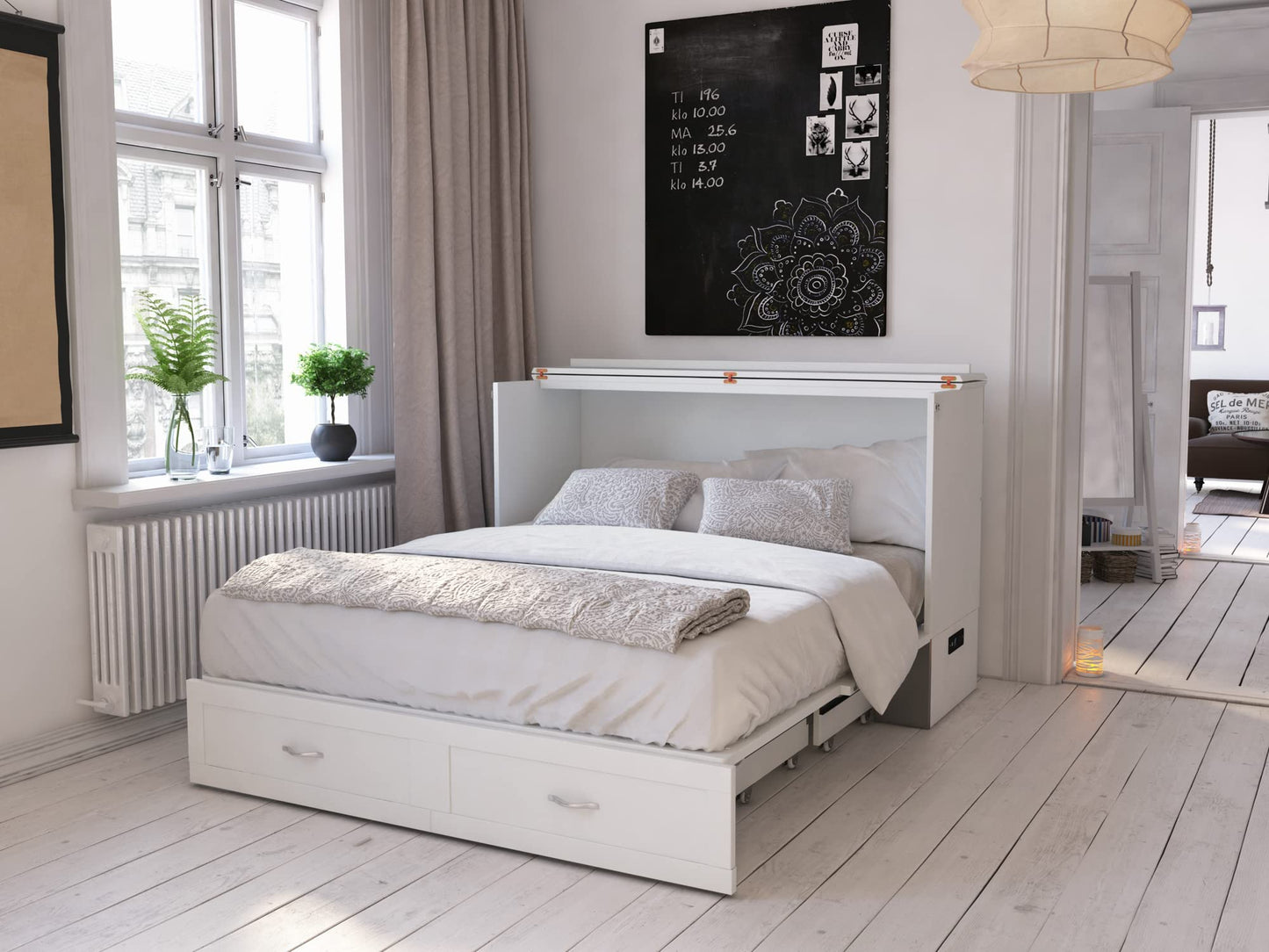 Modern Queen Size Murphy Bed Chest with Mattress, Storage, and Built-in Charger in White