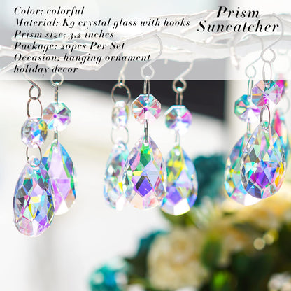 20Pcs Chandelier Crystals Suncatcher,38mm Colorful Teardrop Crystal Chandelier Pendants Parts Beads,Hanging Crystals for Chandeliers