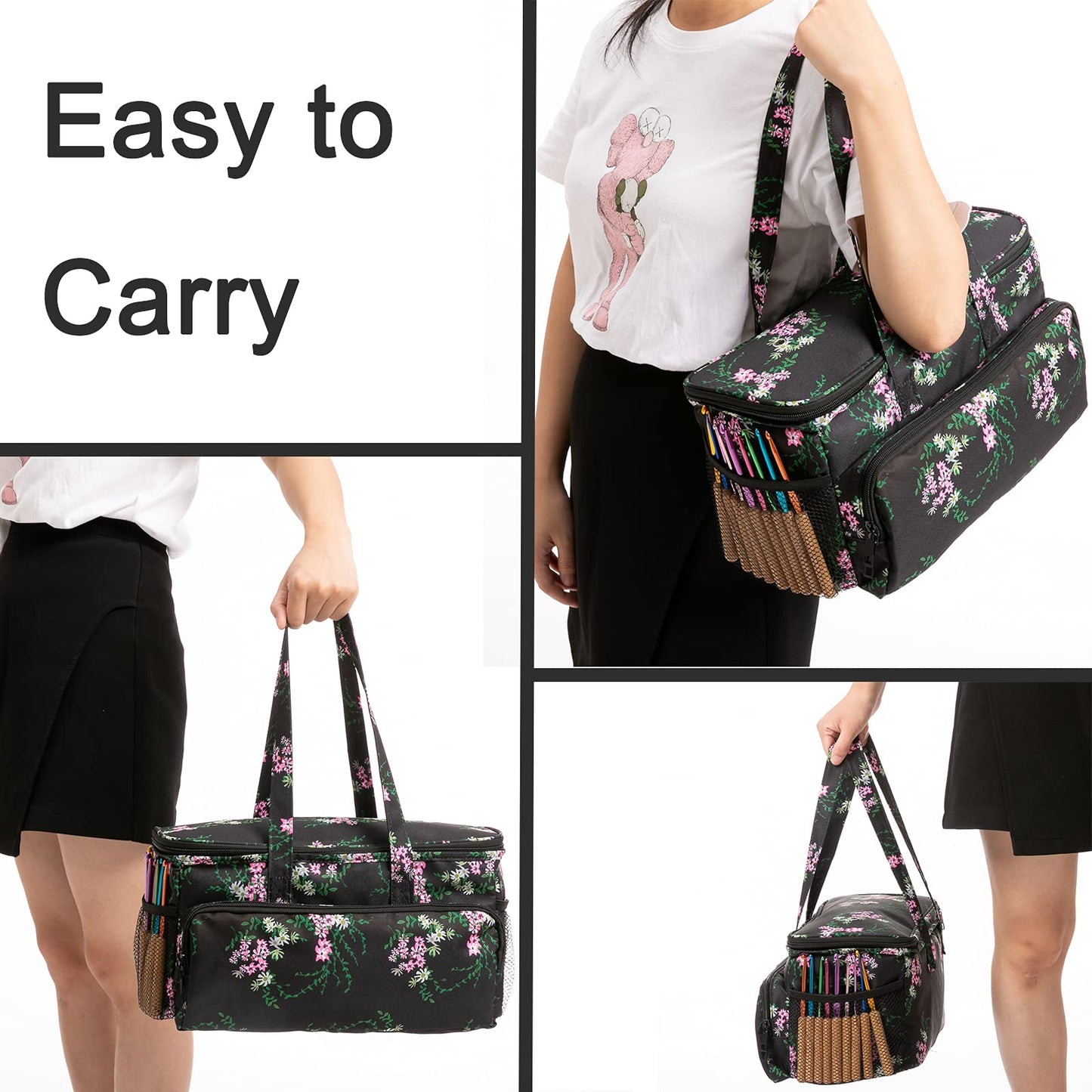 Ryhiac Yarn Storage Organizer Tote Bag Knitting Project Bag Yarn Holder Traveling Crochet Handbag Floral for Bulk Yarns,Crochet Hooks,Knitting Needle,Crochet Acessories
