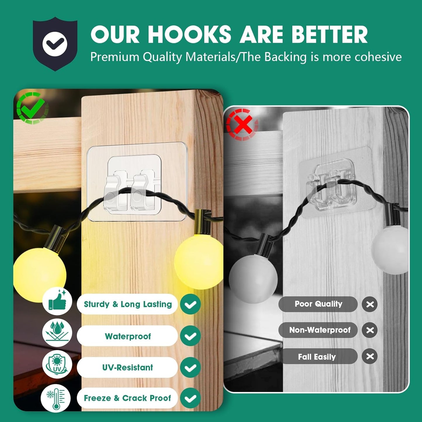 Lights-100Pcs Hooks for Outdoor String Heavy Duty Hooks with Adhesive StripsNo Holes, No Tools, No Drill Light Clips