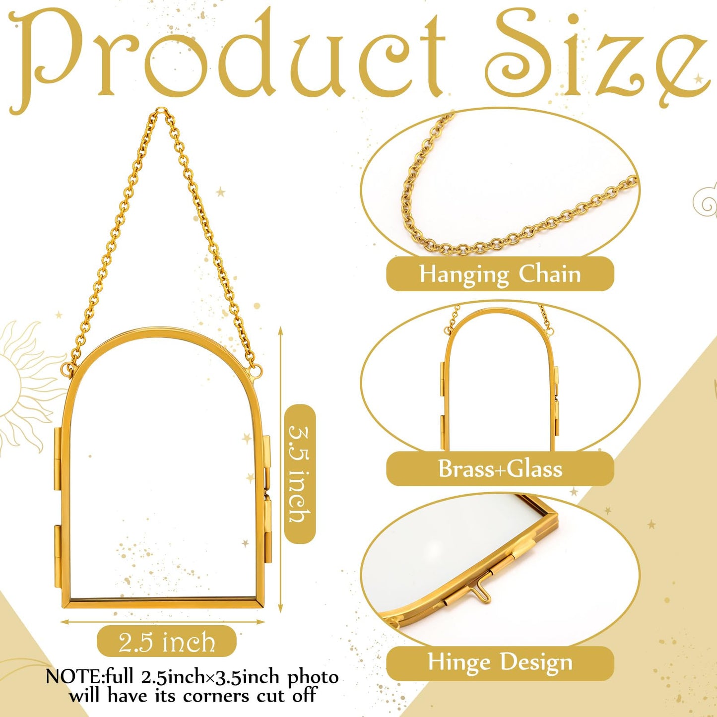 Qunclay 8 Pcs Glass Frame for Pressed Flowers 3.5 x 2.5 Inch Brass Hanging Photo Frame with Chain Arched Double Floating Picture Frames for Artwork Display DIY Dried Plant Specimen(Gold)