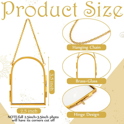 Qunclay 8 Pcs Glass Frame for Pressed Flowers 3.5 x 2.5 Inch Brass Hanging Photo Frame with Chain Arched Double Floating Picture Frames for Artwork Display DIY Dried Plant Specimen(Gold)