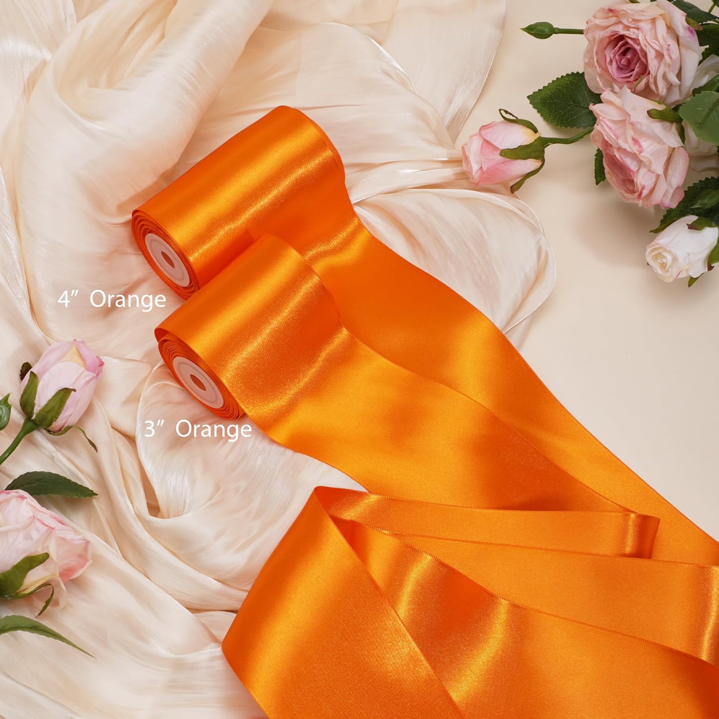 LaRibbons Orange Satin Ribbon 4 Inch x 10 Yards Continuous Orange Ribbon for Chair Sashes, Garland, Gift Wrapping, Christmas Decor, Craft Project