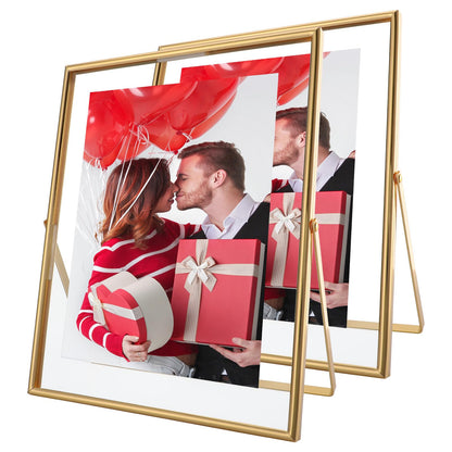 AhaGo Gold Floating Frame, 8"×10", Set of 2, Portrait, For Picture 7x9, 6x8, 5x7, Tabletop Shelf Photo Frames, Classy for Father Day, Wedding or Birthday