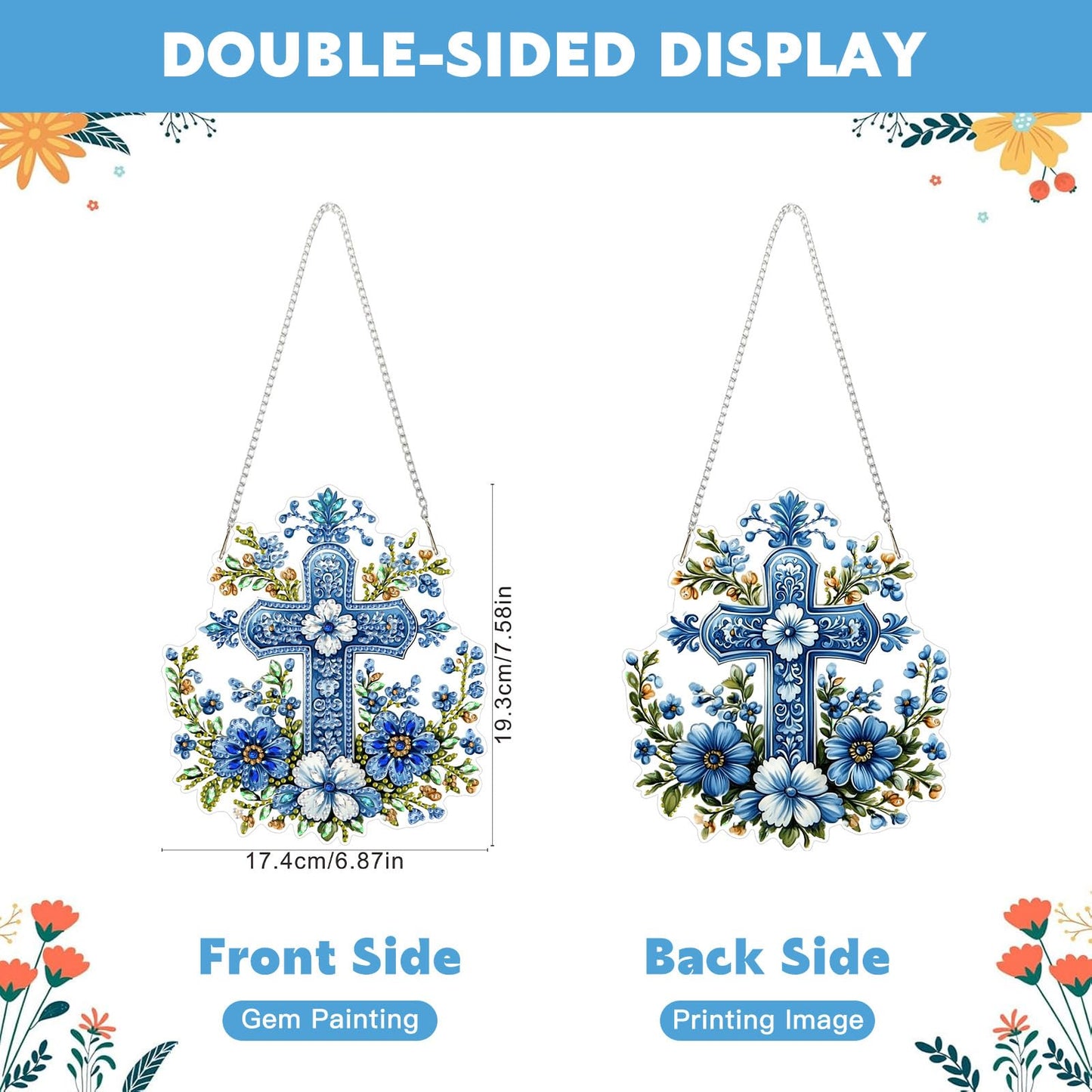 NAIMOER Cross Flowers Diamond Art Hanging Kits for Adults, 5D Special Shaped Rhinestone, DIY Acrylic Spring Diamond Art Painting Window Pendants Home Garden Wall Hanging Ornament Kits, Double Sided