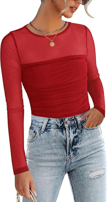 Zeagoo Long Sleeve Shirts for Women Sheer Mesh Sexy Blouses Fall Fashion Crewneck Going Out Tops