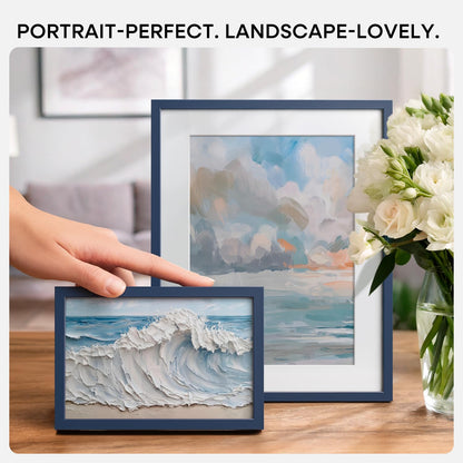 Homeforia A5 Navy Blue Frame, High End Metal 5.8 x 8.3 Picture Frames Matted to 4.1 by 5.8 inch Art, A5 Display Photo Frame with Mat A6, 5.8x8.3 Blue Poster Frames, Tempered Glass, Wall Kit, Set of 1
