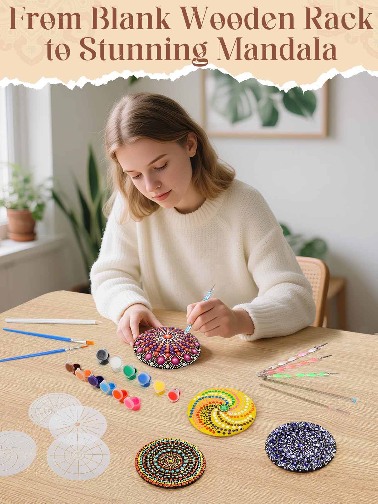 Beeplove Relaxing Crafts for Adults - Gifts for Women Mom Daughter Sister Friend Co-Worker, Beginner Friendly Mandala Rock Painting Kit with Stencils Dotting Tools