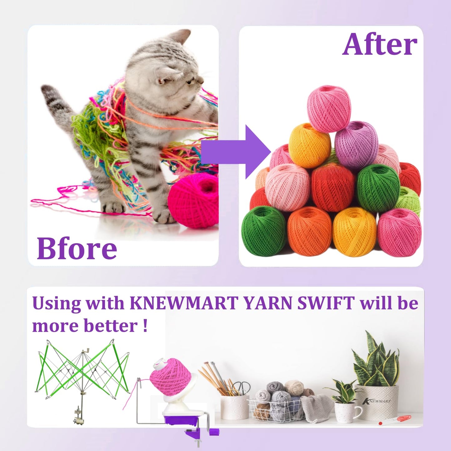 Yarn Ball Winder for Crocheting Knitting, Sturdy Metal Handle Tabletop Yarn Winder with 4 Size Pom Pom Makers Scissors, Low Noise