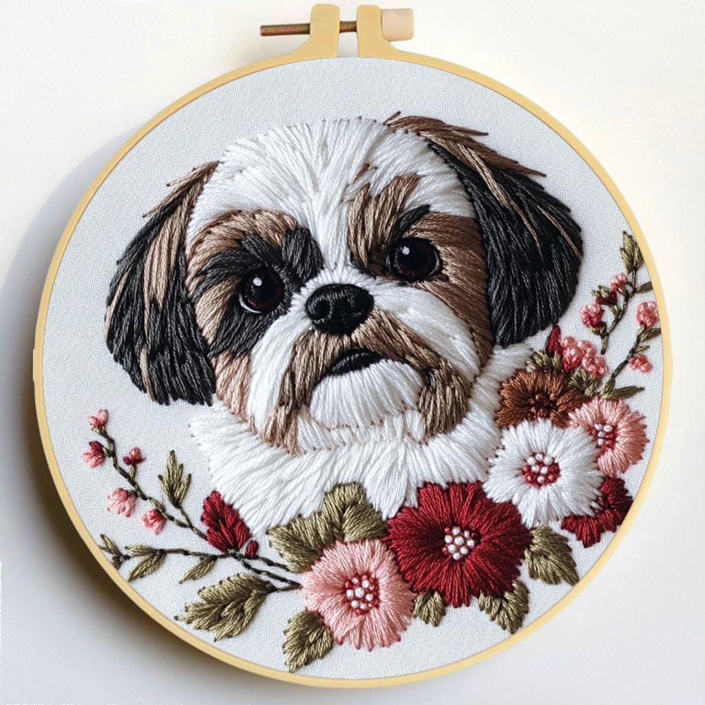 Punch Needle Kits Shih Tzu Dog and Flowers Embroidery Starter Set with Hoop Easy for Beginners DIY Stress Relief Handmade Craft Hobby and Home Decor 20x20cm-3
