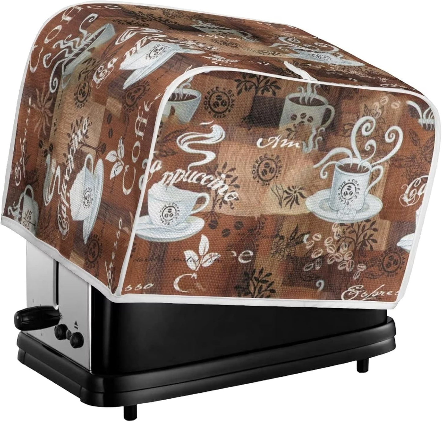 JEOCODY Toaster Cover, Coffee Theme Print, 4 Slice Wide Slot Small Appliance Cover with Handle
