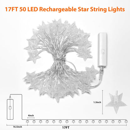 17FT 50LED 8 Lakumu Star String Lights Battery Operated, LED Star Fairy Lights Rechargeable, Twinkle Lights with Modes