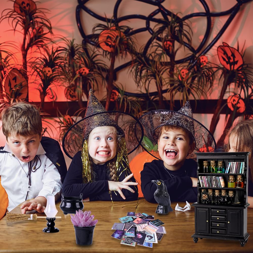 Celltestria 56 Pcs Halloween Miniatures Decorations 1:12 Scale Magic House Accessories Mini Wooden Bookshelf Furniture Set Tiny Sorcery Bottles Books Desk Chair Witch Hat Dollhouse Decor